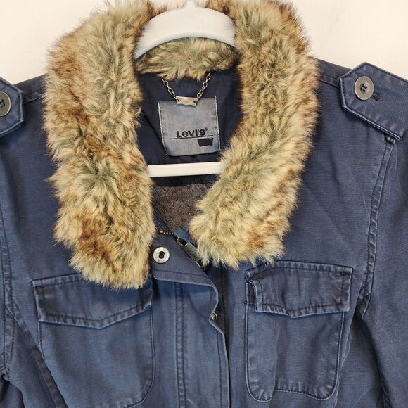 Vintage Y2K Levis Faux Fur Collar Field Jacket Size M Blue Patch Pocket Military - Picture 4 of 16